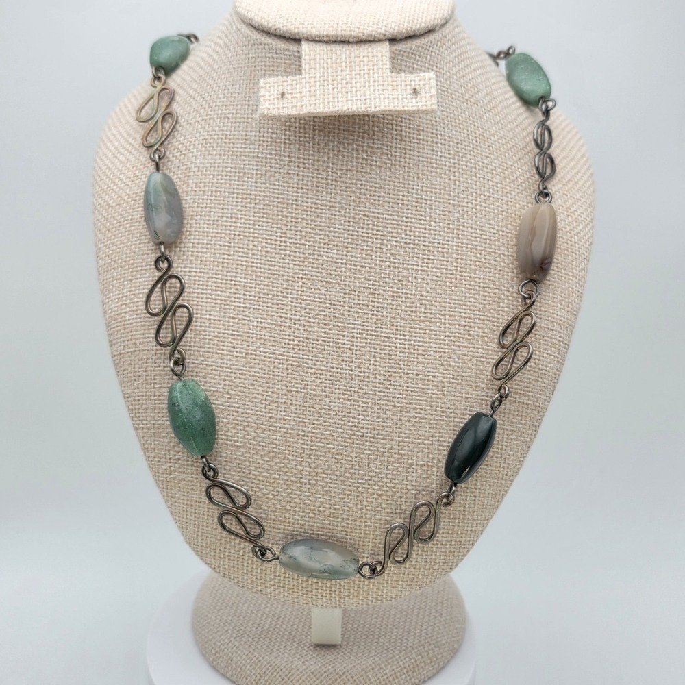 Vintage Gemstone Necklace Aventurine Moss Agate Fossil 925 Sterling Silver 30"